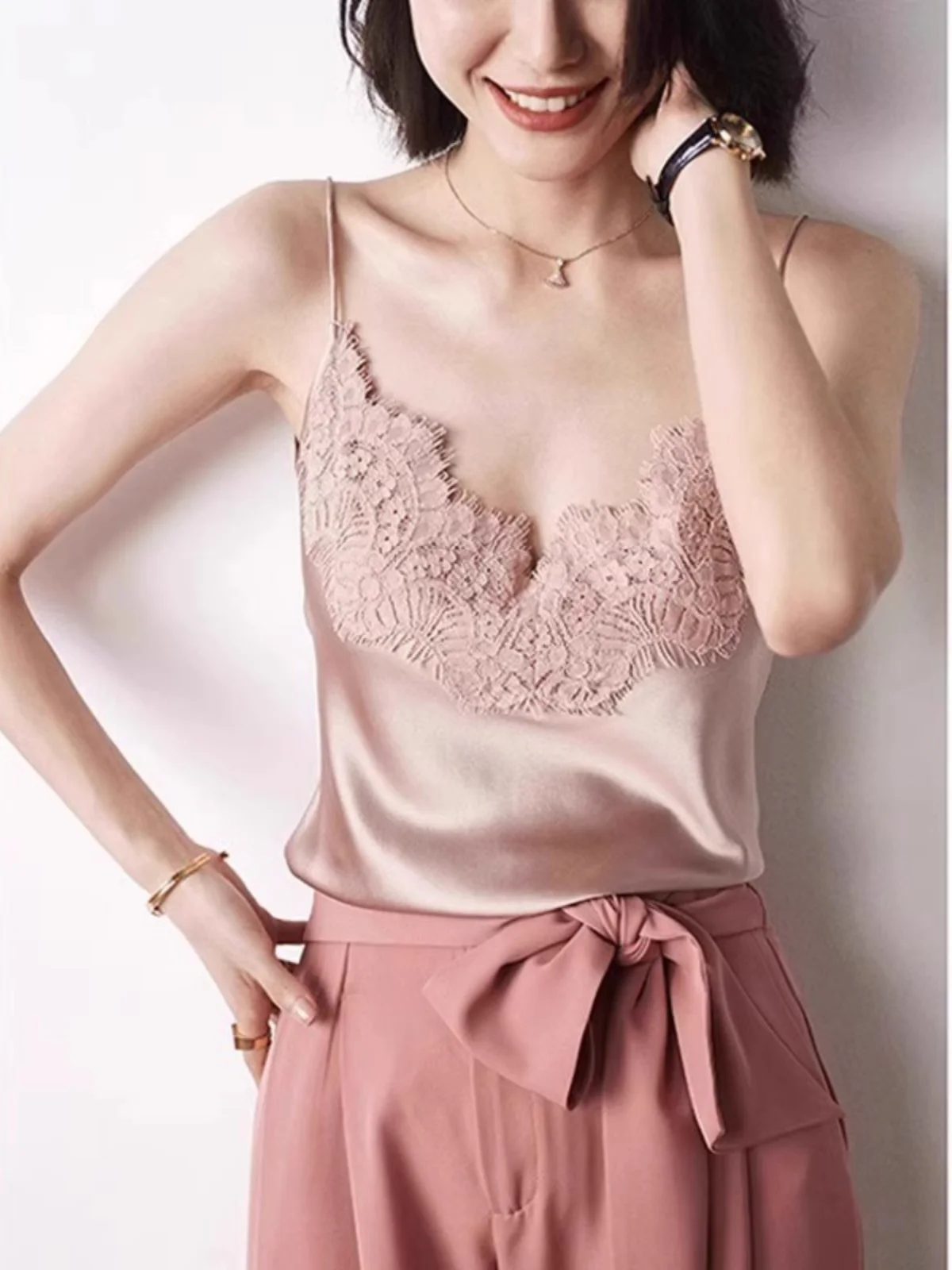 Lace Crop Top Women's Summer Outerwear Beautiful Back Suit Inner Match Bottom Shirt Acetate Satin Fashion Top Commute Style L...