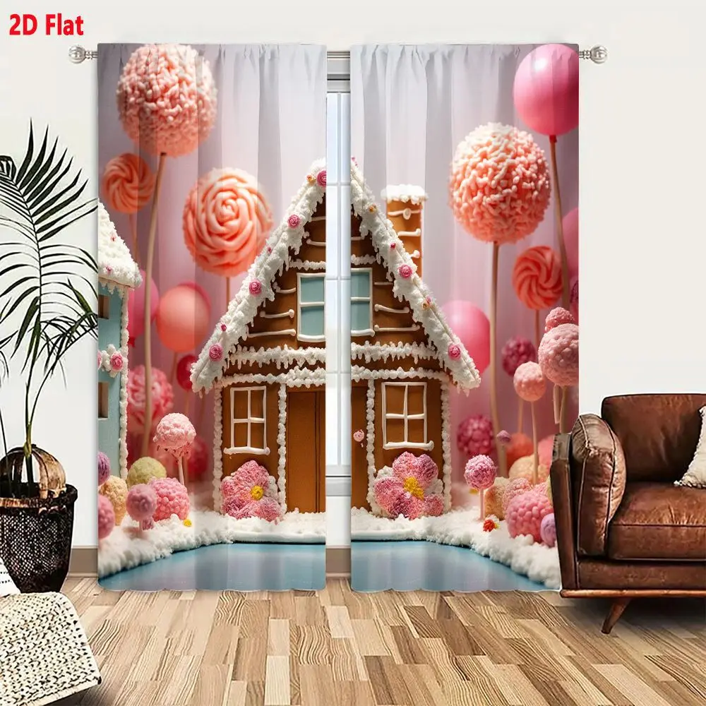 2Pcs Curtains 2D Flat Whimsical Fairytale Gingerbread House Scene With Candy-Land Elements Snowy Icing Ground Pink Lollipop Cott