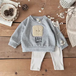 2Pcs Baby Boys Clothes Cartoon Bread Embroidery Toddler Infant Outfit Grey Long Sleeves Pants 0-3 Years Tracksuit Newborn Sets
