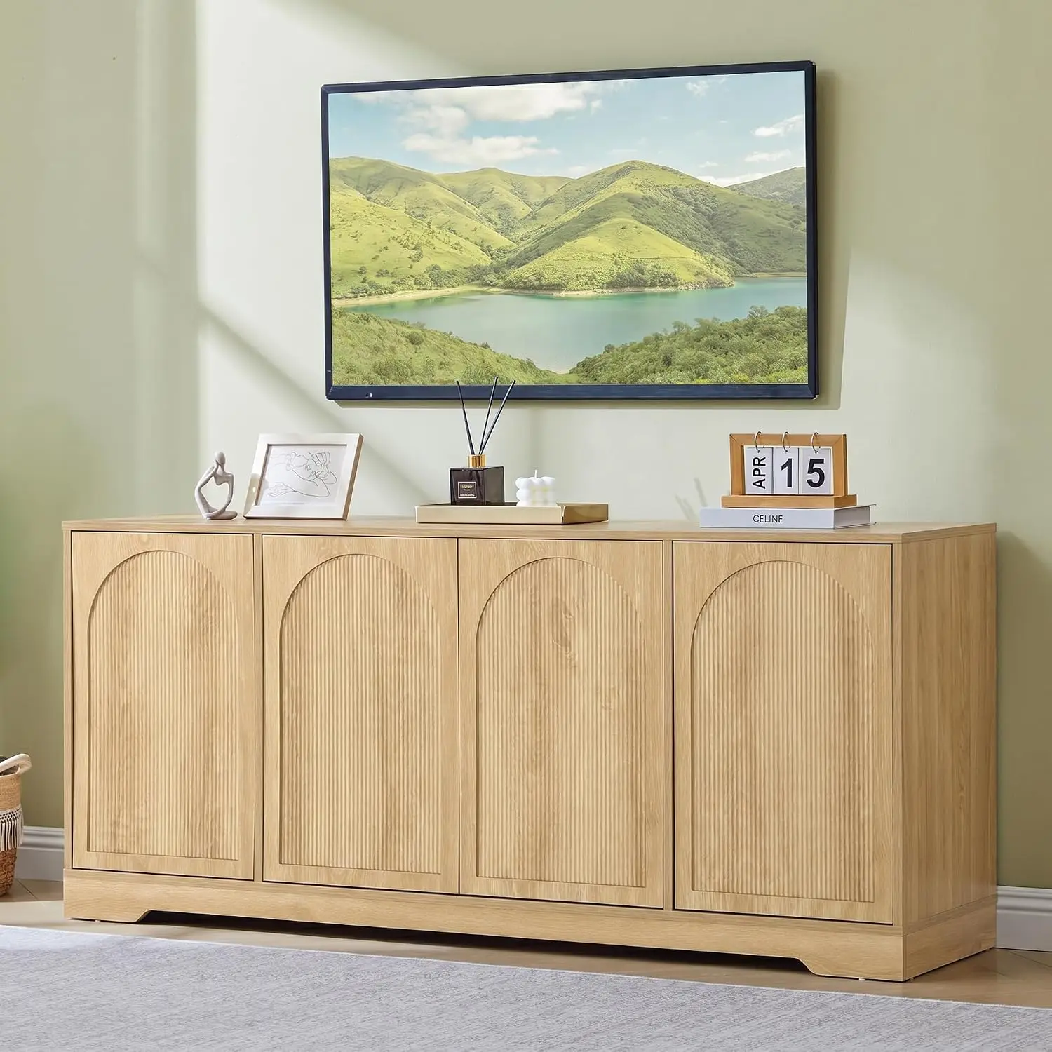 62.2 Inch TV Stand for TVs up to 70 Inches with 4 Fluted Arched Door, Customized