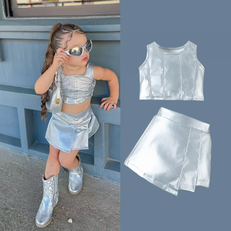 

Trendy Style for Young Children Bright ColorsPUSleeveless Vest Top Irregular Pleated Skirt Two-Piece Set