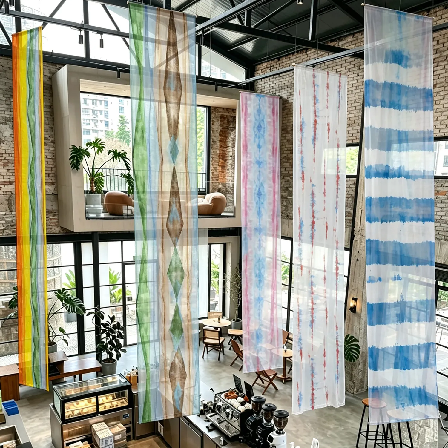 Boho Tie Dye Hanging Room Divider – Semi Transparent Sheer Gauze Ceiling Drape for Cafe, Patio Umbrella & Outdoor Event Backdrop