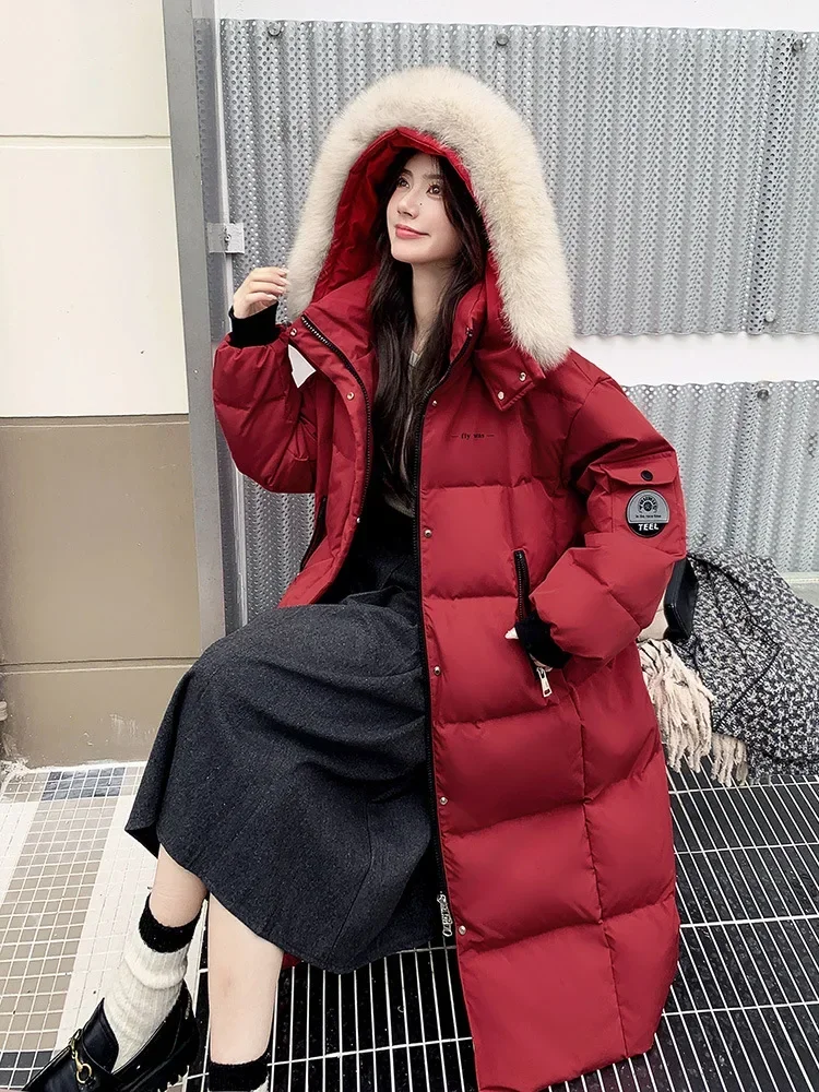 Extra Thickend Big Fox Fur Collar Down Jacket Winter Extreme Cold Warm Clothes Plus Size Loose Long White Duck Puffer Coat Women