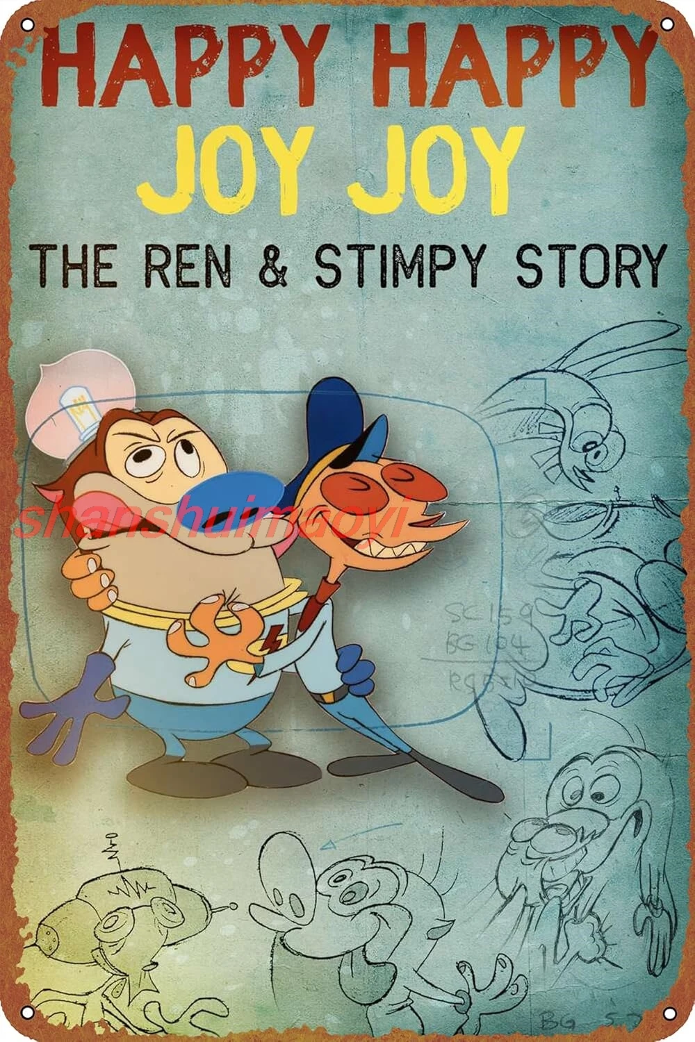 Happy Happy Joy Joy: The Ren & Stimpy Story Funny Metal Tin Sign Vintage Black Wall Art Decoration Living Room Bathroom Kit KJF