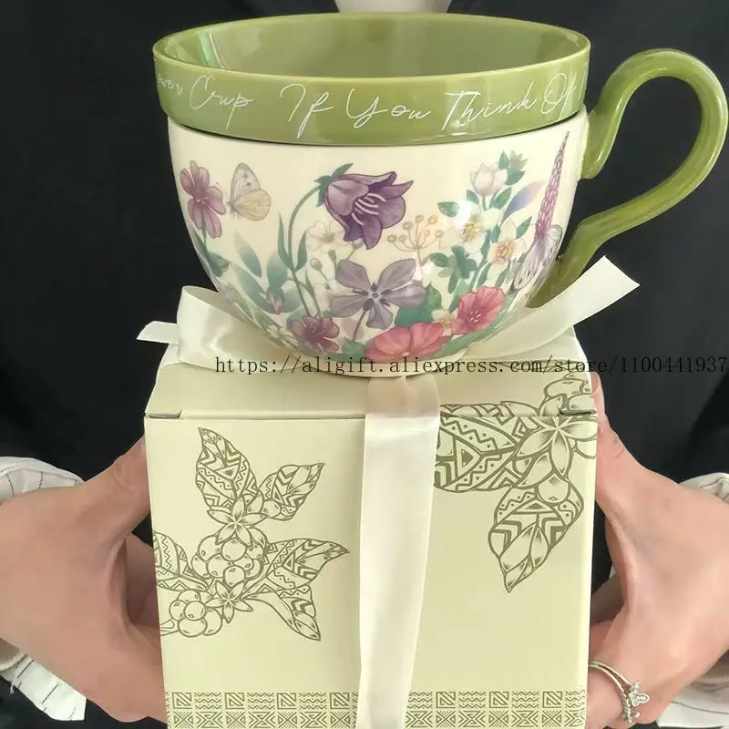 

High Aesthetic Ceramic Coffee Cup with Lid Orchid Retro Porcelain Mug Set Large Capacity Breakfast Cup Gift for Women