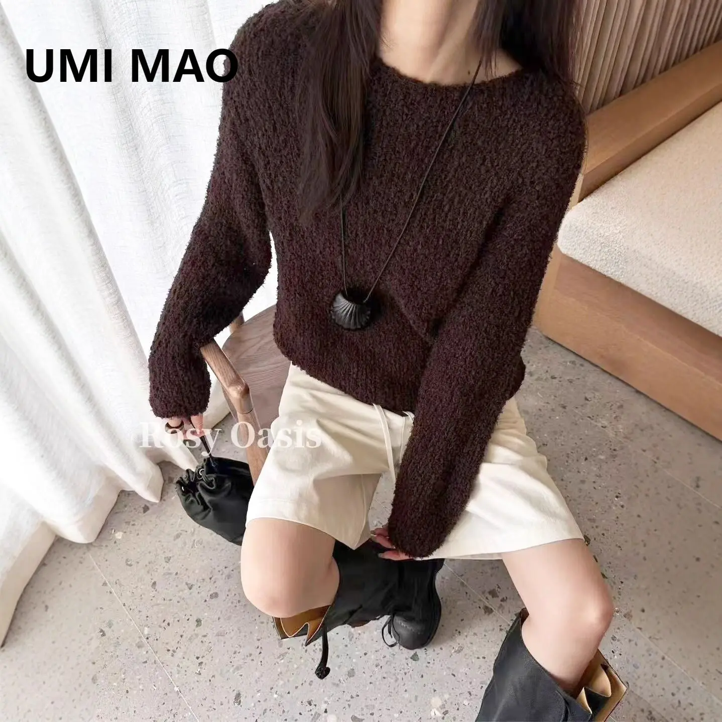 

UMI MAO Korean Style Simple Lazy Loose Pullover Sweater Ins Fashionable Spring Autumn Top Special Texture Knitwear Tops Women