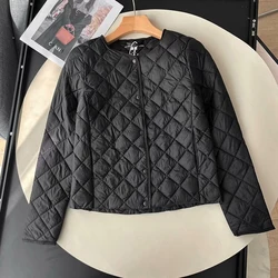 Women's Cotton Padded Coat Autumn Winter Round Neck Single Breasted Warm Quilted Jacket Casual Simple Female Wadded Outerwear