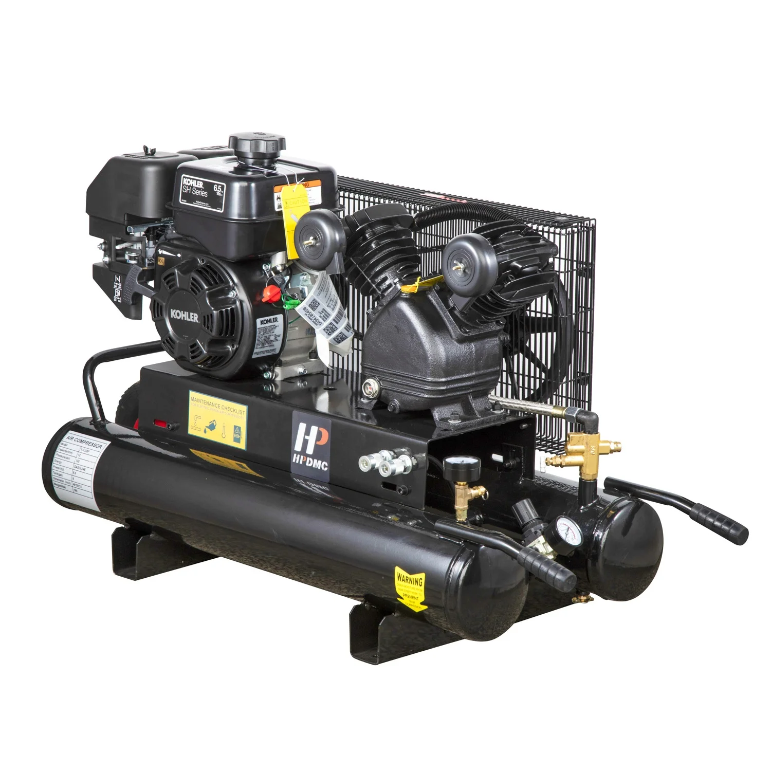 Compressor de Ar Portátil a Gasolina 6.5HP com Motor KOHLER, Tanque de 9 Galões, Acionamento por Correia, Tipo Carrinho de Mão, Duplo 12cfm 125psi