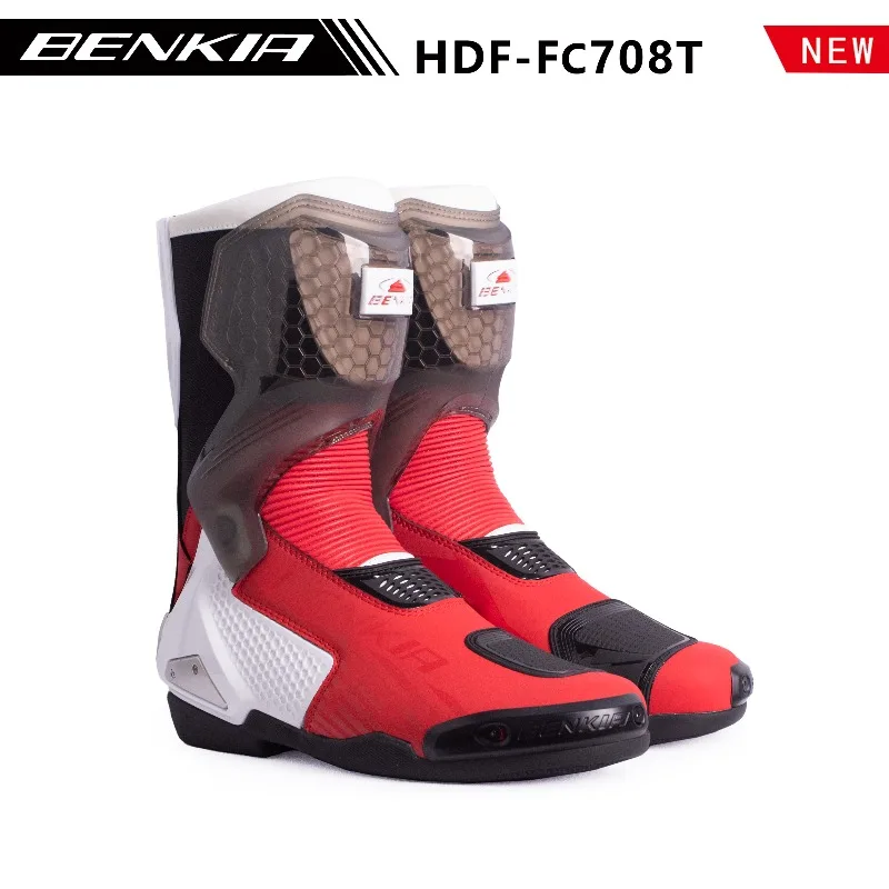 CE Certified Double-Layer Waterproof Motorcycle Boots - BENKIA HDF-FC708T Mocha Professional Track Racing Competition Footwear
