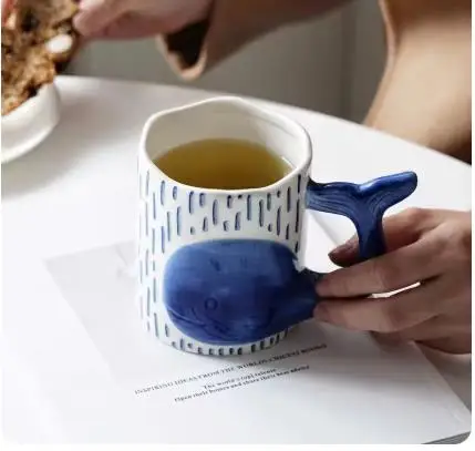 Creative Ceramic Tea Coffee Mug Cartoon Dolphin Whale Tail Handle Cute Fish Cup Shark Goldfish Children's Breakfast Milk Mug