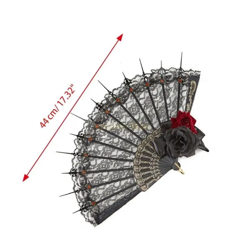 31BF 로리타 팬 고딕 빅토리아 여성 레이스 핸드 팬 빈티지 블랙 레드 로즈 고스 팬 할로윈 코스프레 파티 액세서리