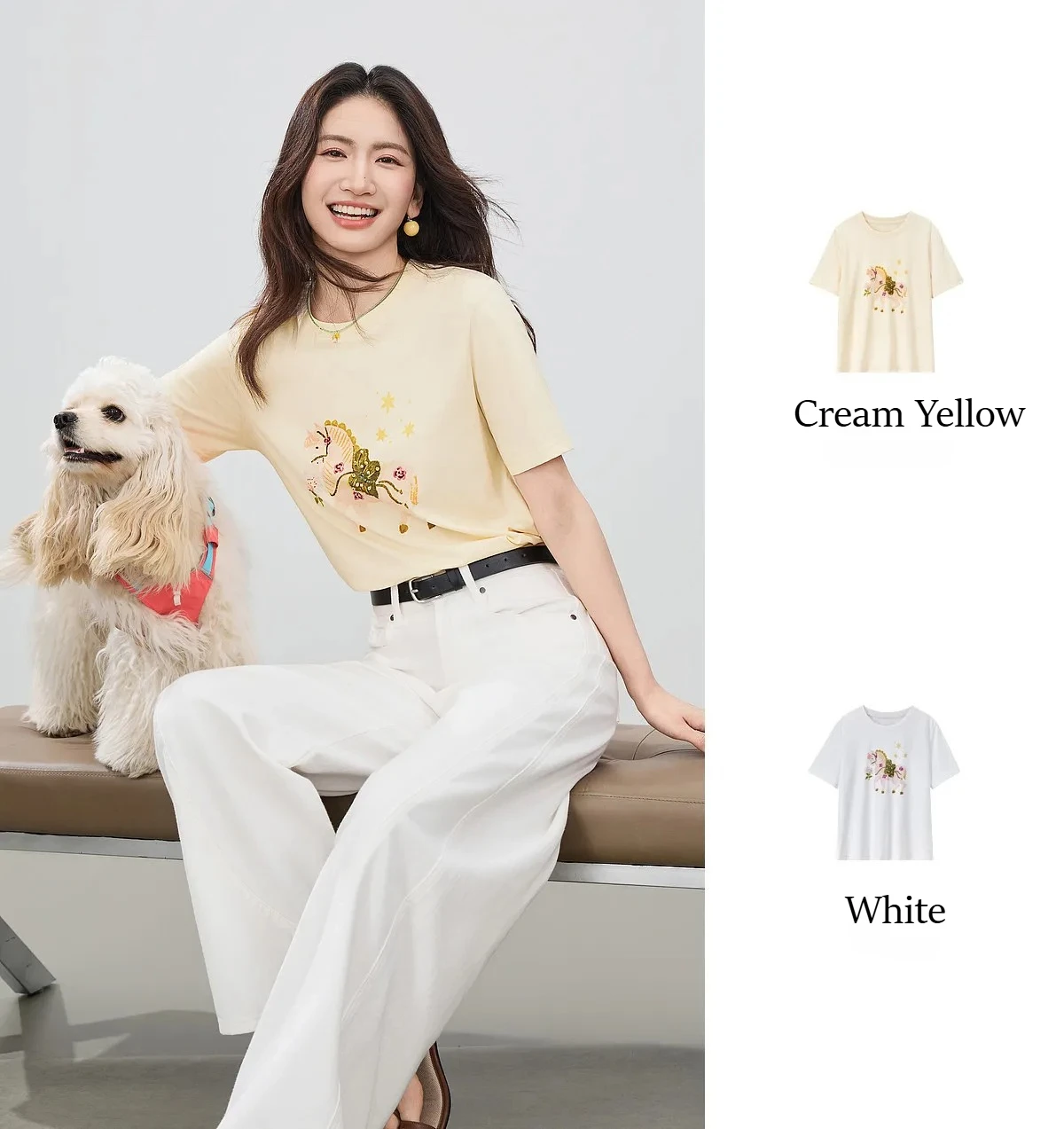 SENTUBILA Damen-T-Shirt mit Pferde-Print, 100 % Baumwolle, Sommer 2026, gerippter Rundhalsausschnitt, handbestickte Details, lässiges Alltags-Oberteil 162TG7259 – Detail 6