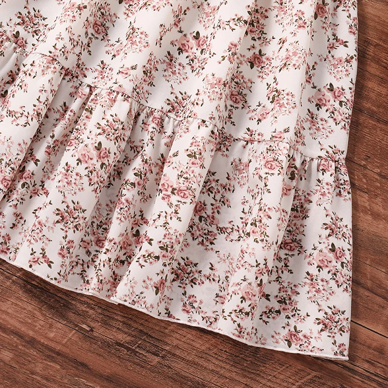 New Summer Kids Teenager Women Square Neck Puff Sleeve Printed Summer A-Line Shirred-Bodice Dress Korean Style Casual Clothing