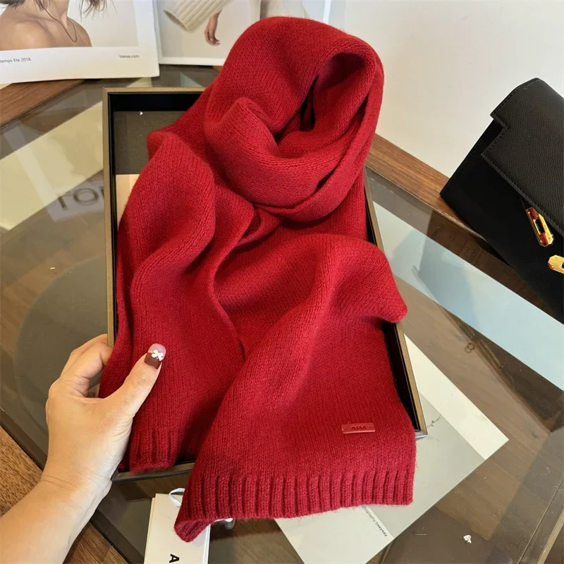 ผ้าพันคอไหมพรมขนสัตว์สำหรับผู้หญิง 100% ใหม่ ผ้าคลุมไหล่ฤดูหนาว อุ่น นุ่ม สีพื้น ถักทอ แฟชั่น แบรนด์ดัง ผ้าพันคอไหมพรมแบบผ้าห่ม ดีไซน์สวย