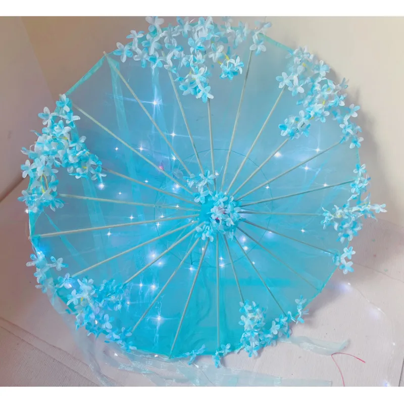 Blue LED Yarn Silk Cloth Decorative Umbrella Transparent Fan Princess Lace Chinese Japan Umbrella Craft Umbrella Party Frances