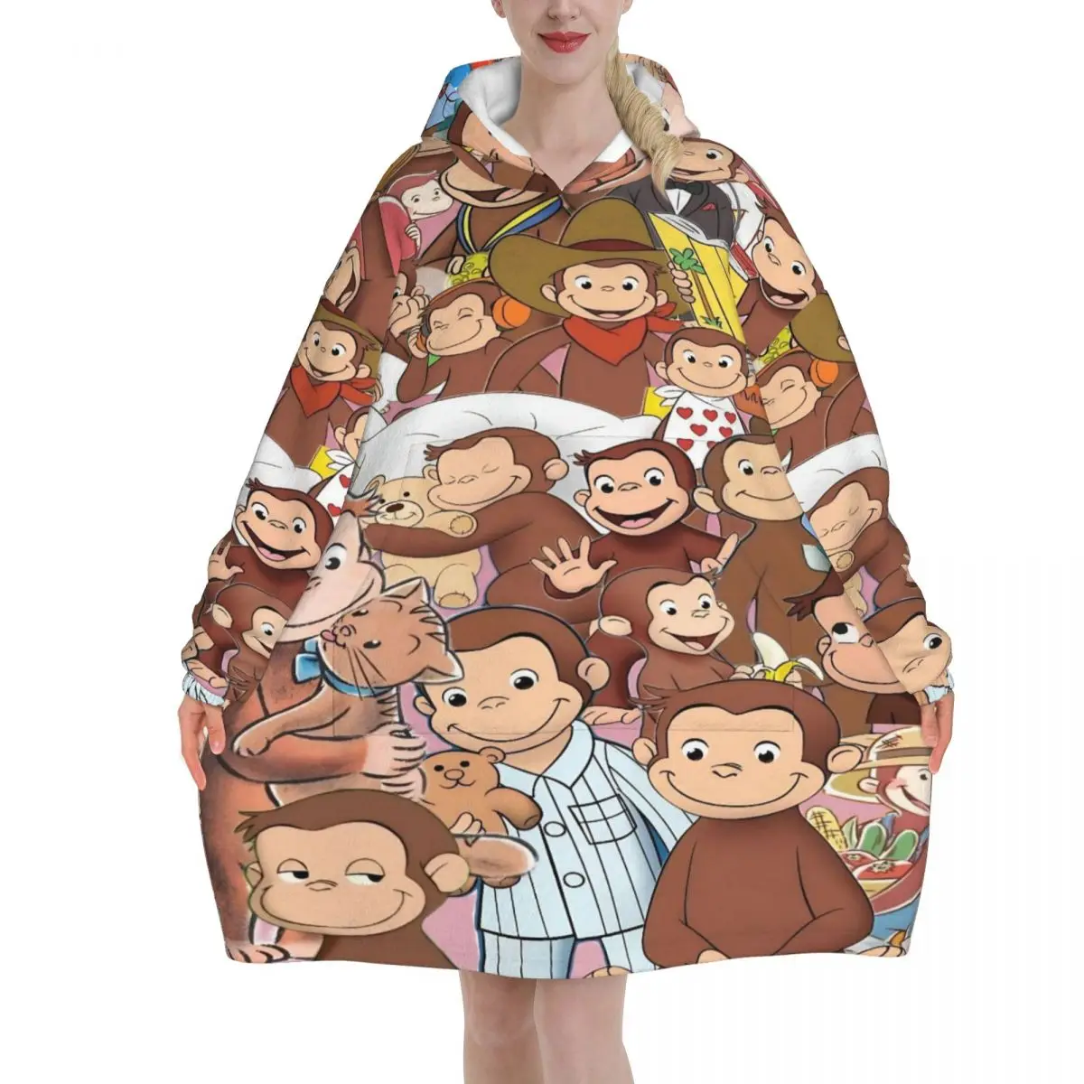 Curious George African Monkey Wearable Blanket Hoodie for Women Men Warm Cozy Blanket Sweatshirt Thick Fleece Hooded Blanket