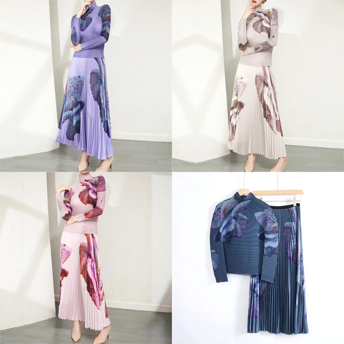 

San Zhai Fold 2025 Spring and Autumn High Collar Fold Top Graffiti Half Skirt New Chinese Elastic Set Casual Two Piece Set