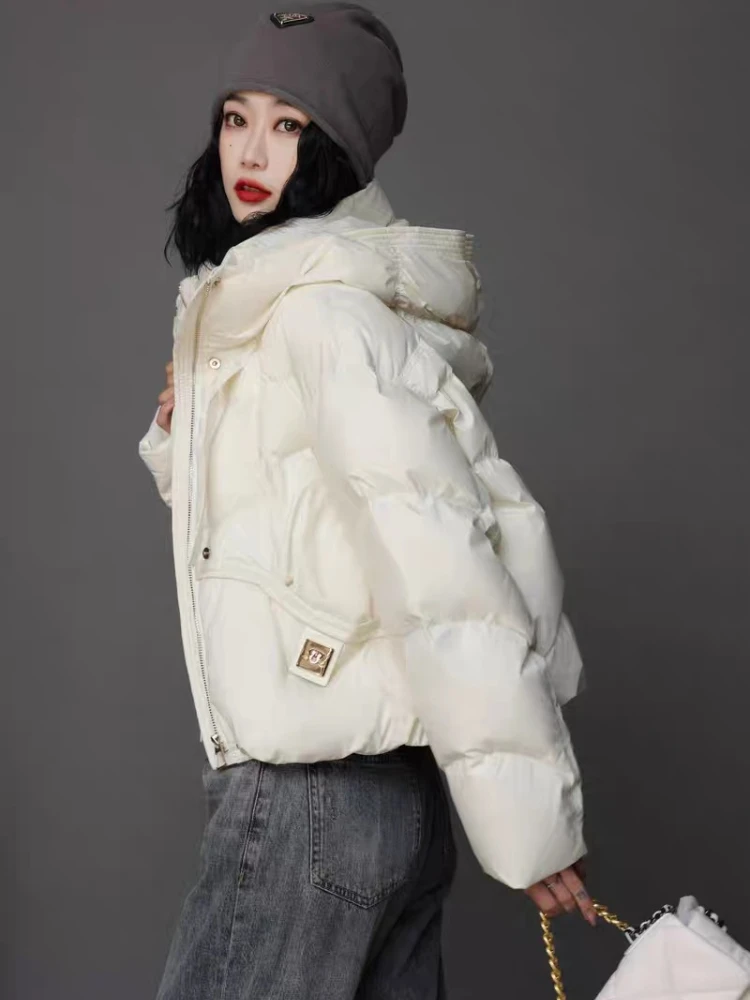 Winter New Down Jacket Women Casual Hooded Lightweight Solid Color Down Jacket White Duck Down Warm Loose Short Puffer Coat