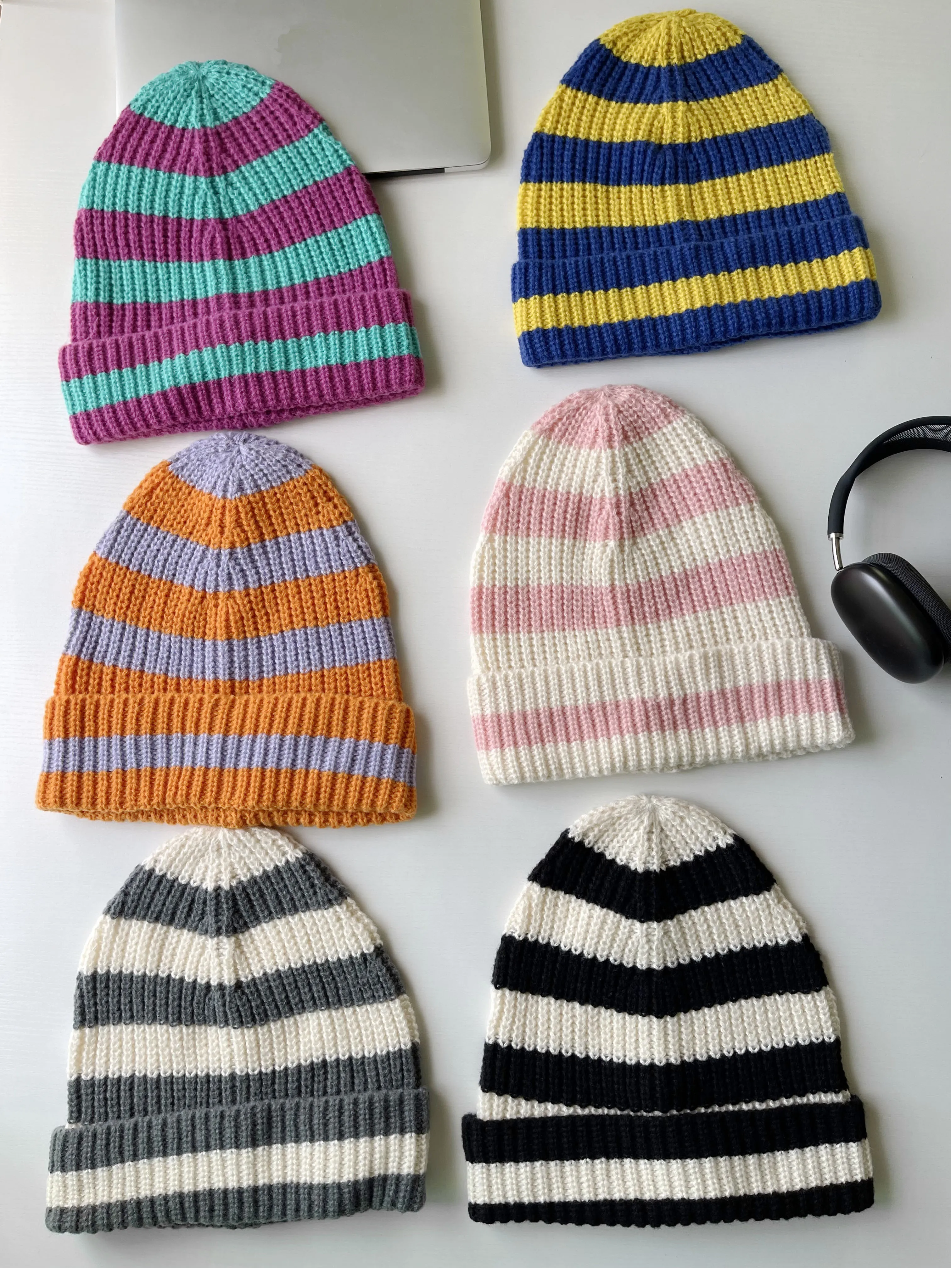 Unisex Winter Acrylic Knitted Cap Dopamine Color Stripe Warm big size 62cm Beanies for Women Cold Hat Casual Hip-hop Caps Female