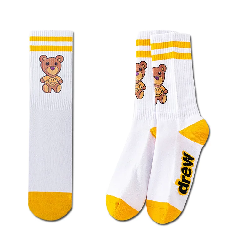 DREW House 100% Cotton Socks Trendy Smiley sock Justin Bieber Men's Socks Women's Socks Unisex Cotton Stripe Drew Bear 1Pair