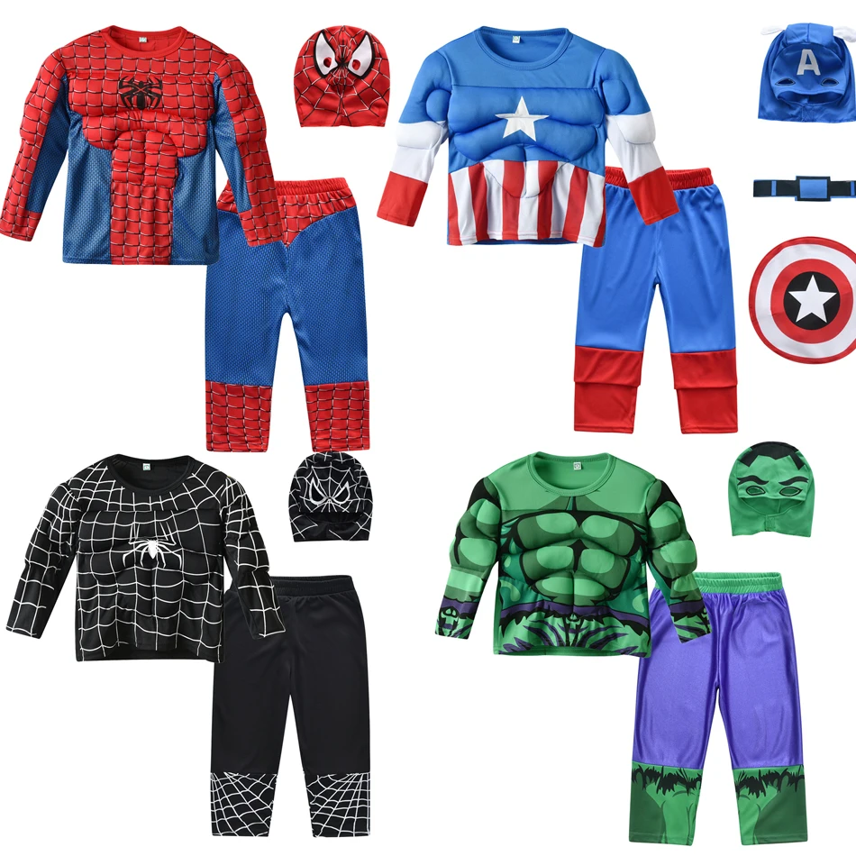 MARVEL Boy Spiderman Captain America Iron Hulk Panther Thor Cosplay Muscle Clothing Set Halloween Cloak Costume 2-8T