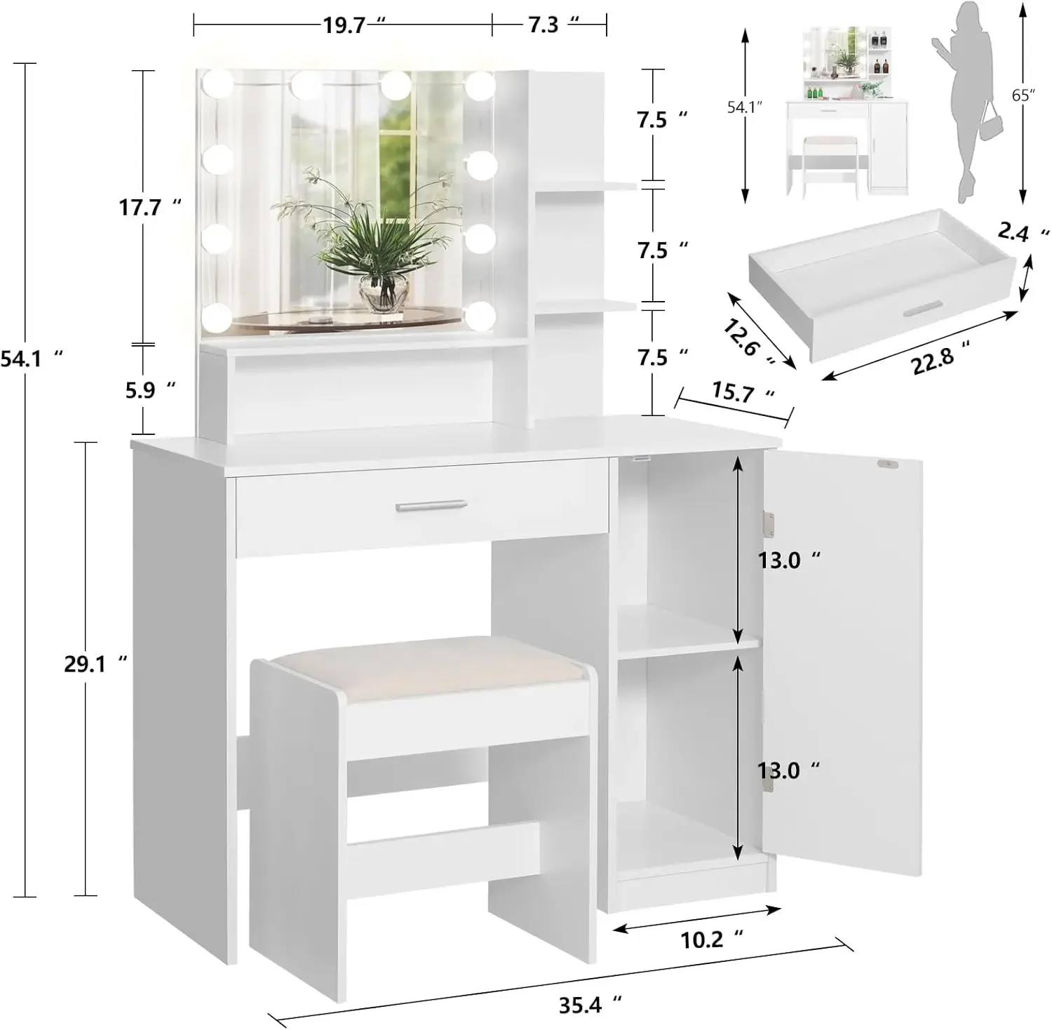 Makeup Vanity Desk for Valentine's Day, Vanity Desk Set with 1 Drawer, 1 Cabinet & 3 Shelves, Makeup Vanity Table , White