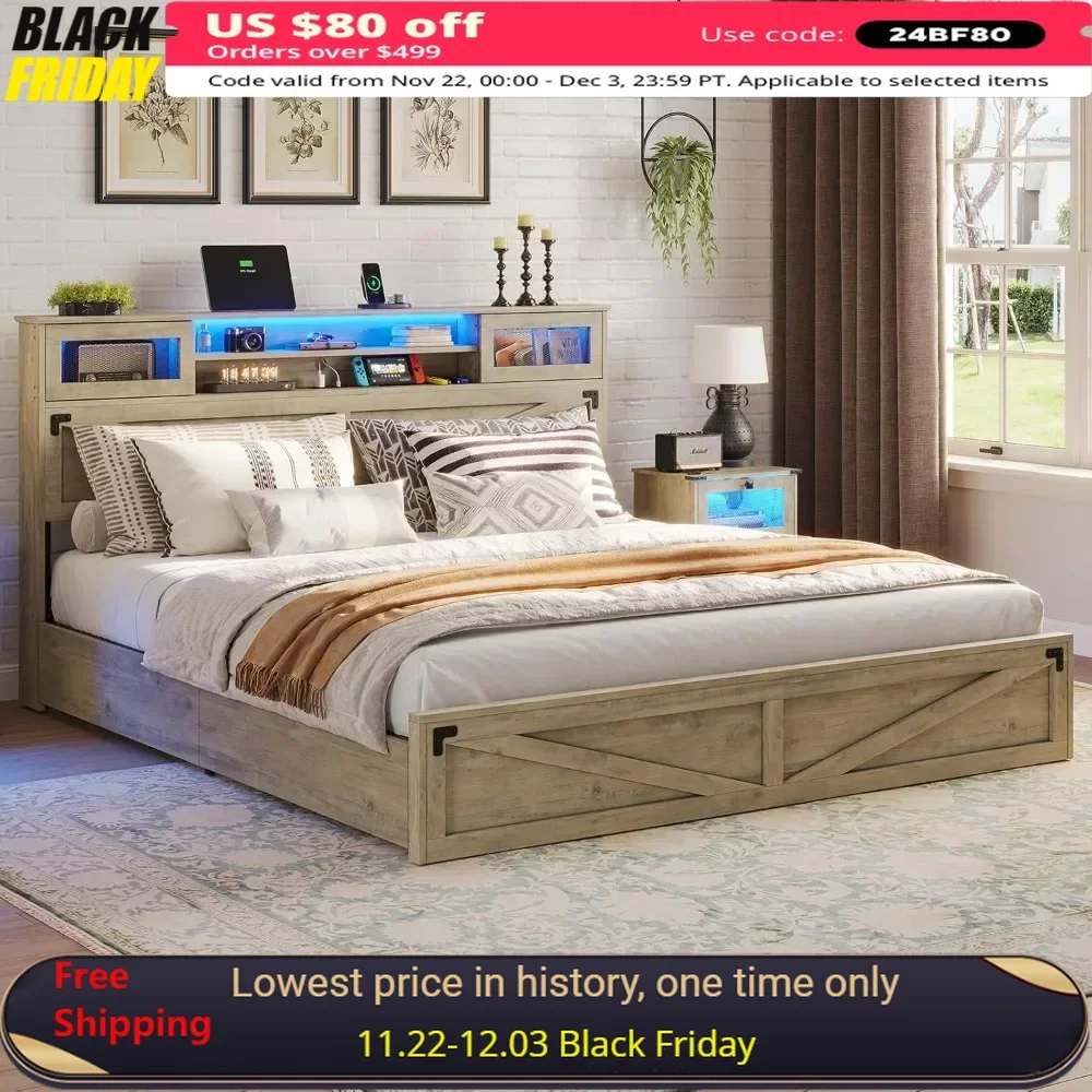 King Size Bed Frame with Bookcase Headboard and 2 Drawers, Wooden Platform King Bed with LED Lights and Charging Station