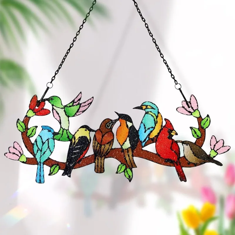 Stained Glass Birds Window Hangings,Suncatcher Cardinal  Window Hanging Double Side Decor,Tiffany Style Bird Lovers Gifts Decor