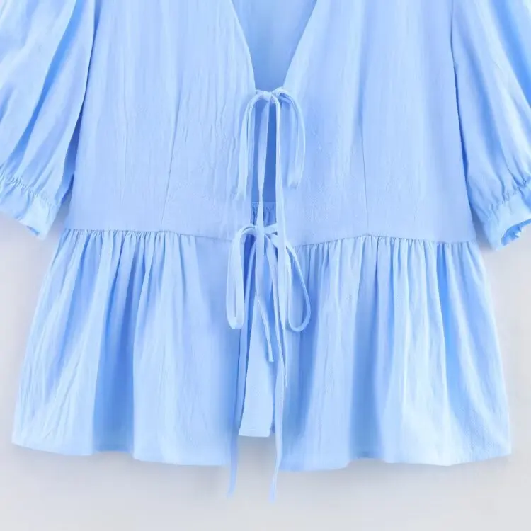 Spring Summer New Sle Women's f Skirt Set with Bubble Sve V-ne Belted Top Two-color Casual Loose Polyester irt