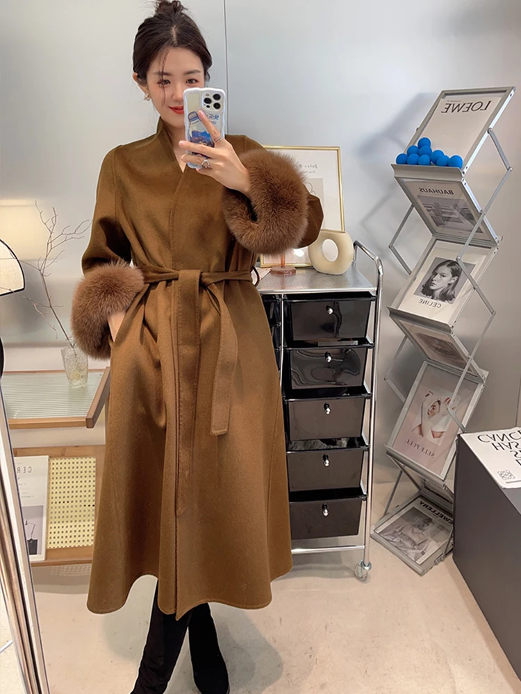 2024 New Fashion Winter Cashmere Wool Woolen Long Coat Real Fur Jacket Women Natural Fox Fur Cuffs Ladies Outerwear Female Coat