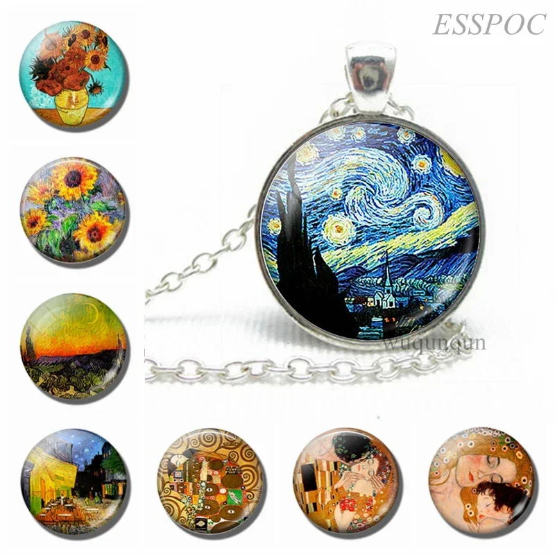 Van Gogh Starry Night Sky Necklace Art Glass Dome Jewelry Monet Klimt\'s Paintings Pendant Fashion Women Lover Gift Dropshipping