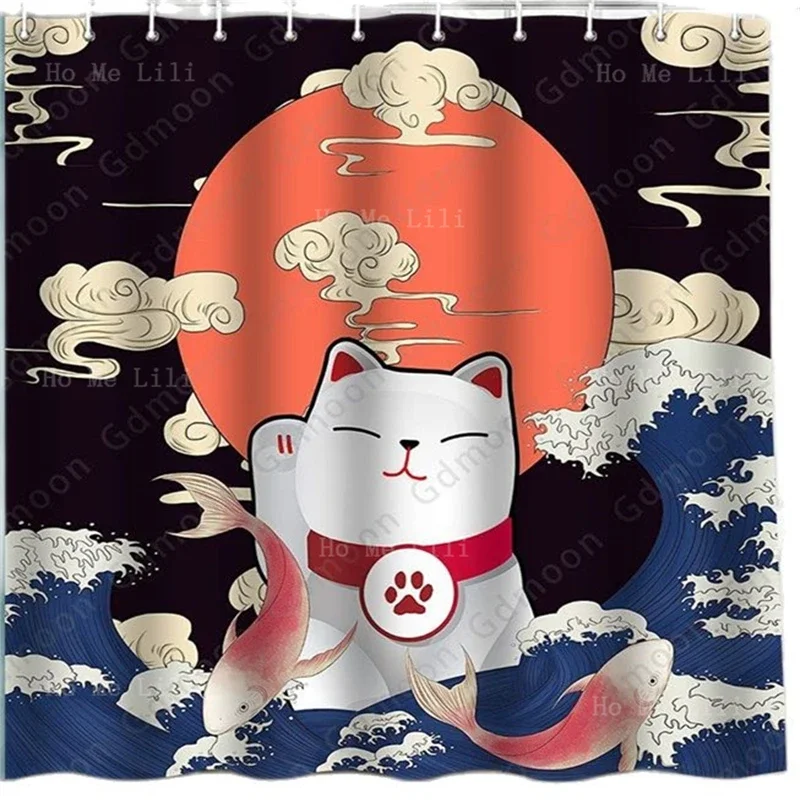 Japanese Cat Shower Curtain Lucky Kitten Waves Red Sun Koi Cloud Ukiyo E Animal Colorful Art Natural Landscape Bathroom Decor