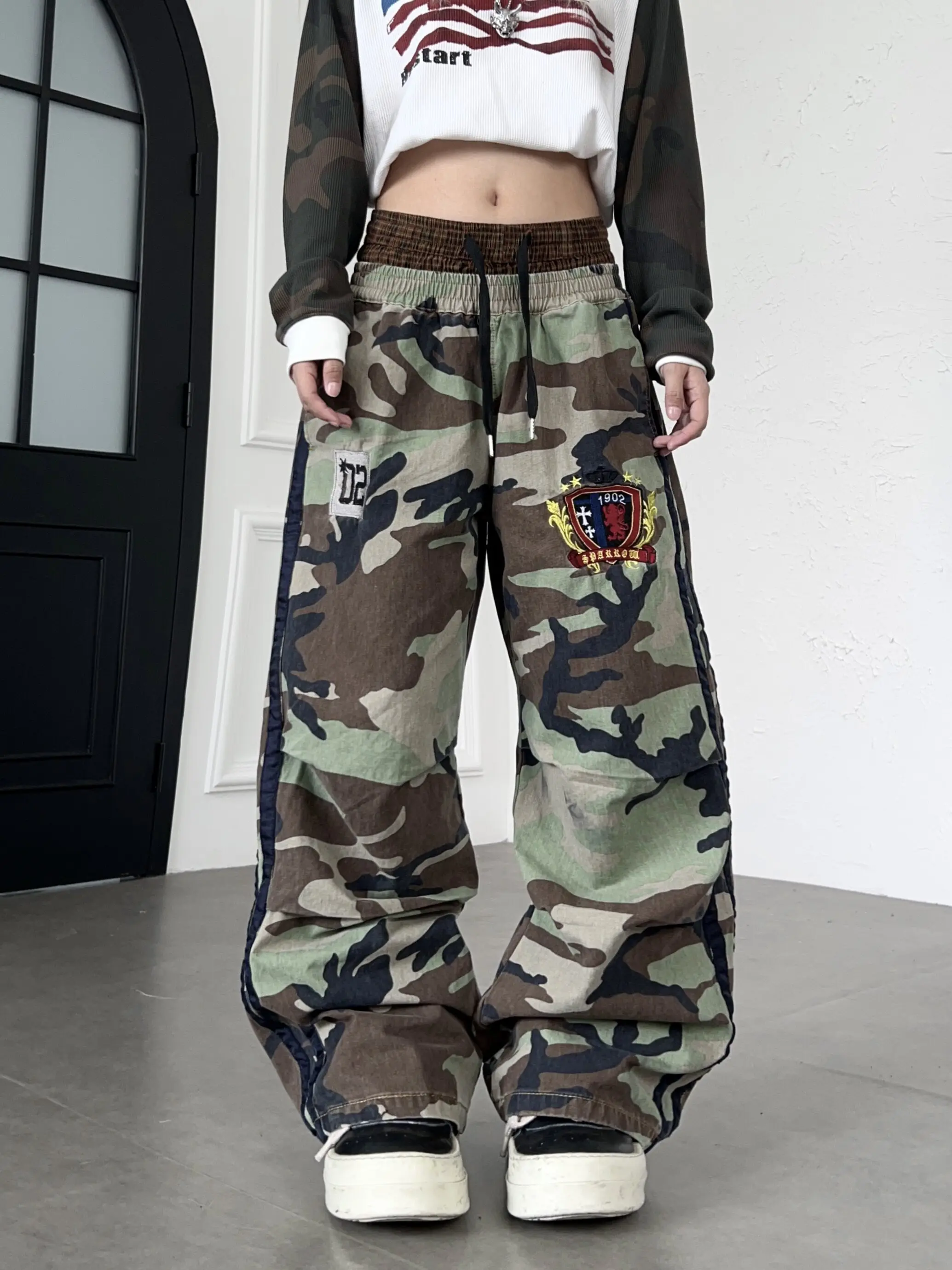 American High Street Retro Shield Embroidery Double Head Waist Jeans Men's Drawstring Loose Wide Leg Camouflage Casual Long T...