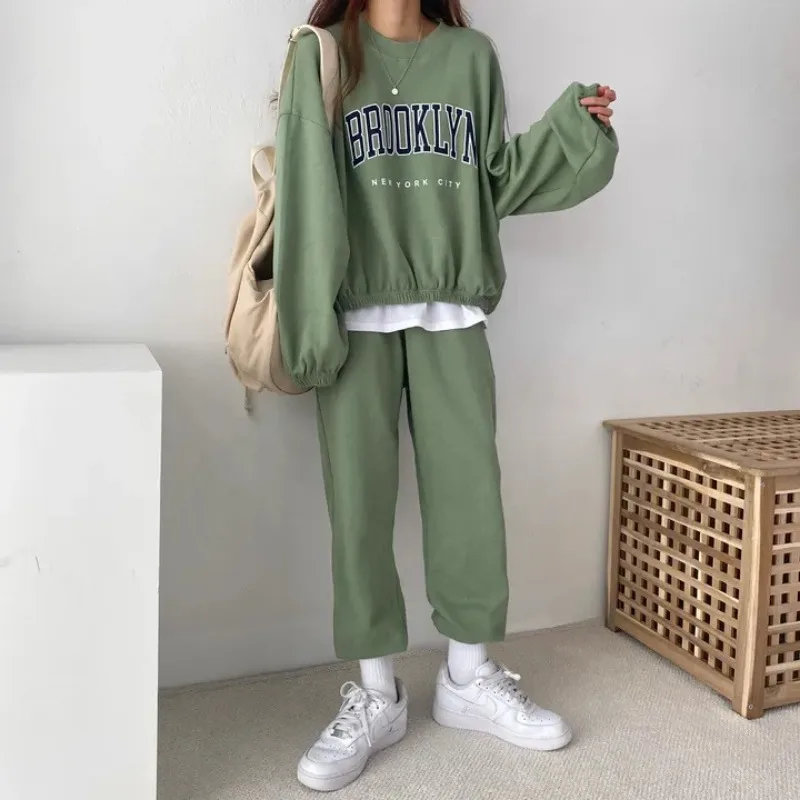 Casual Brooklyn Letter Print Fleece Sweatshirt Women Suit O-neck Two Piece Sets Womens Outfits 2023 Autumn Ladies Y2k Tracksuit