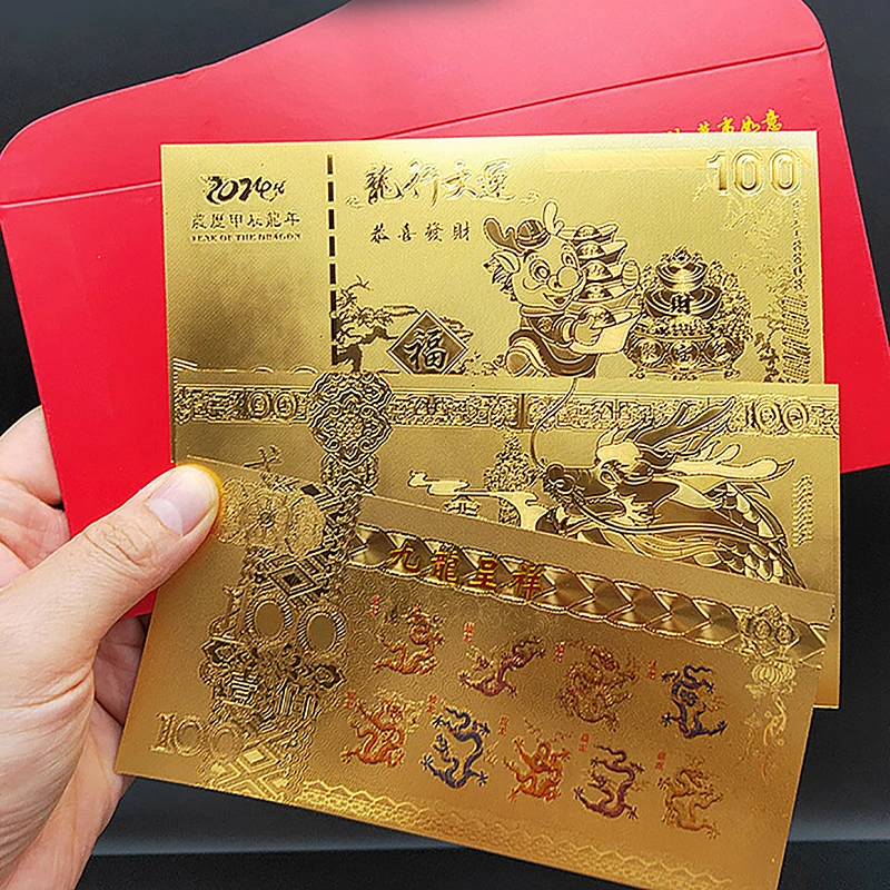 1Pc 2024 Dragon Year Note Coin Gold Plated Celebrating Commemorative Notes For Collection Home Decor Lucky Bag Guest Gift Crafts