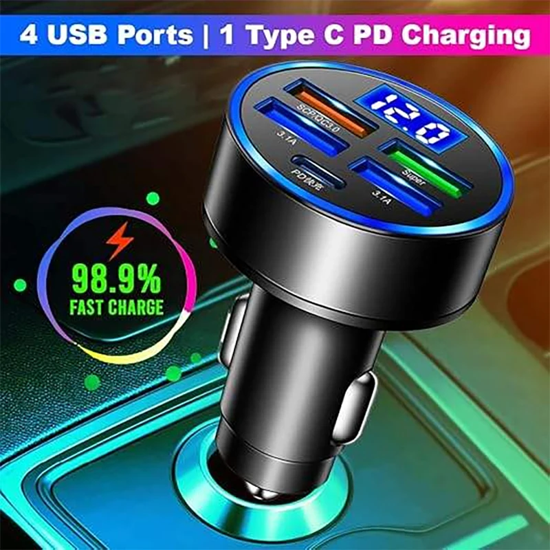 

Car Charger Universal 5port QC 3.0 Car Fast Charger with 4 USB Ports 1C-type Suitable For 12-24V For iPhone Car Phone Charger