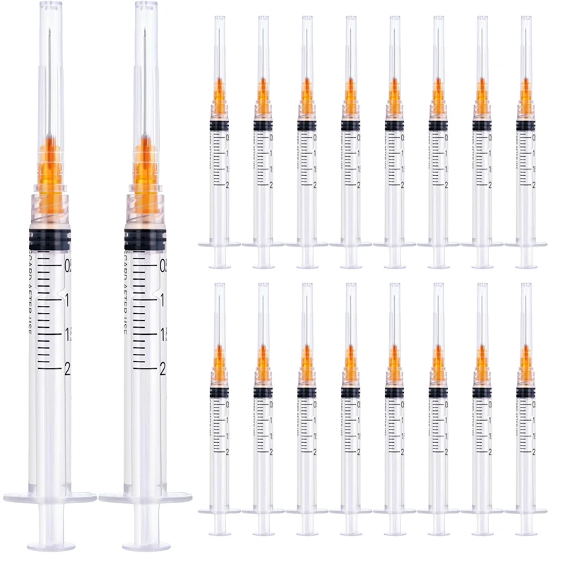 20/100pcs 2ml Luer Lock Syringes with 25Ga Stainless Needle For Pet Farm Animal Measuring Liquid Refilling Individual Package