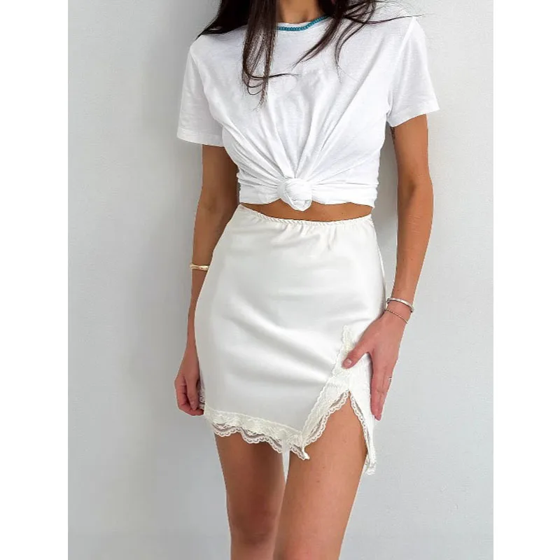 Novedad de verano, falda de cintura alta con costuras de encaje, diseño con abertura, temperamento de moda, intelectual salvaje, europeo y americano