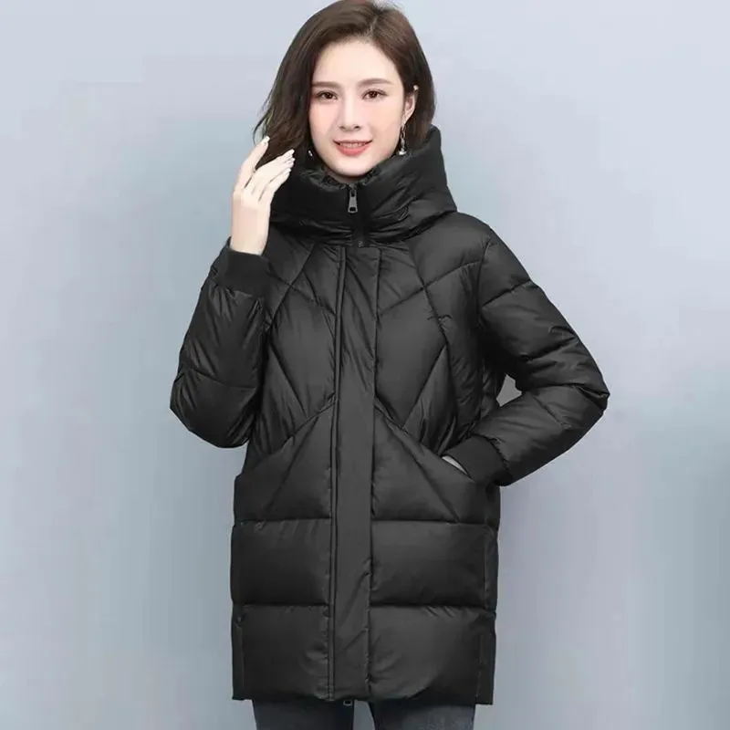 Jaqueta de inverno de comprimento médio feminina, casaco de algodão com capuz, Parkas elegantes, jaqueta acolchoada, grossa, outwear vintage, 2025