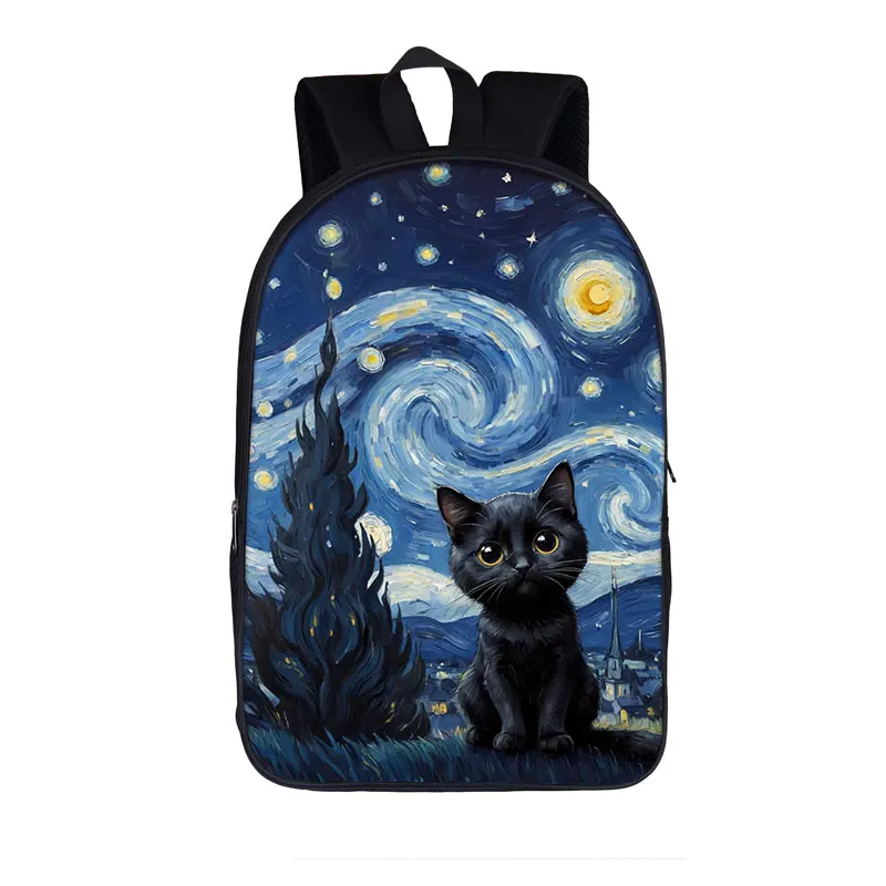 Cute Black Cat in Van Gogh Painting Backpacks for Teenager The Starry Night Kids School Bags Women Rucksack Laptop Bag Bookbags