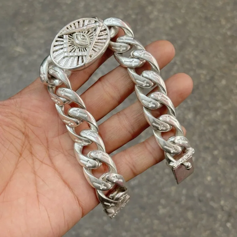 Vintage Engraved Old Silver Ethnic Bracelet for Men, Handmade Silver Plated Lucky Turn Fate Punk Hand Jewelry Gift