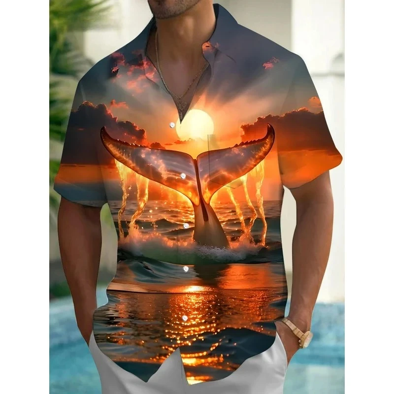 Flowing Sand Bottle Beach Pattern Men's Hawaiian Shirt Fish Leaf 3D Printed Shirt Summer Street Short Sleeved Shirt
