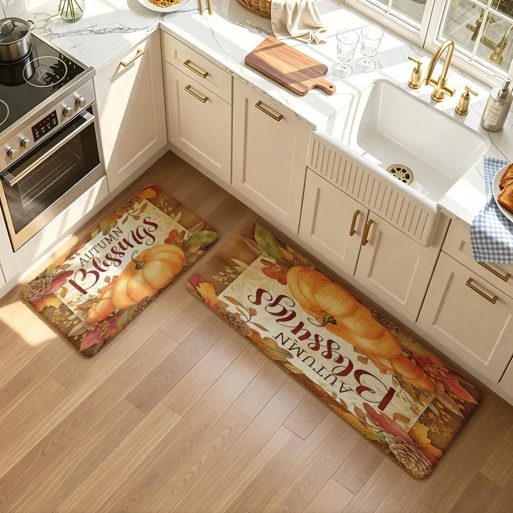 2pcs Thanksgiving Pumpkin Leaf Print Anti Slip Kitchen Floor Mat Leaf Dot Plastic Foot Mat Fashionable Kitchen Decoration Carpet