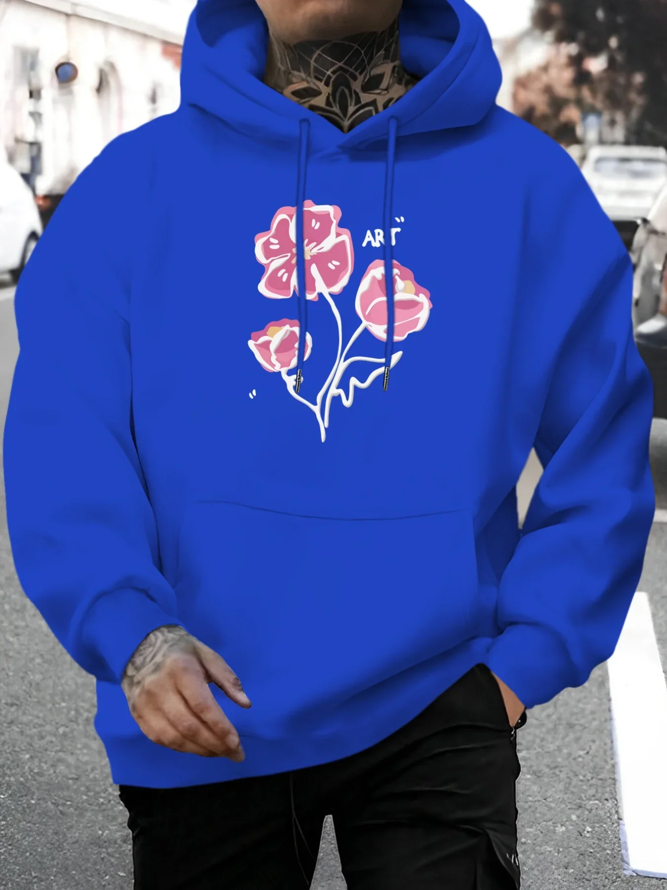Minimalist Hand Drawn Pink Poppy Flower ART Letter Print Hoodie Men Simple Floral Loose Pullover Unisex Street Sweatshirt