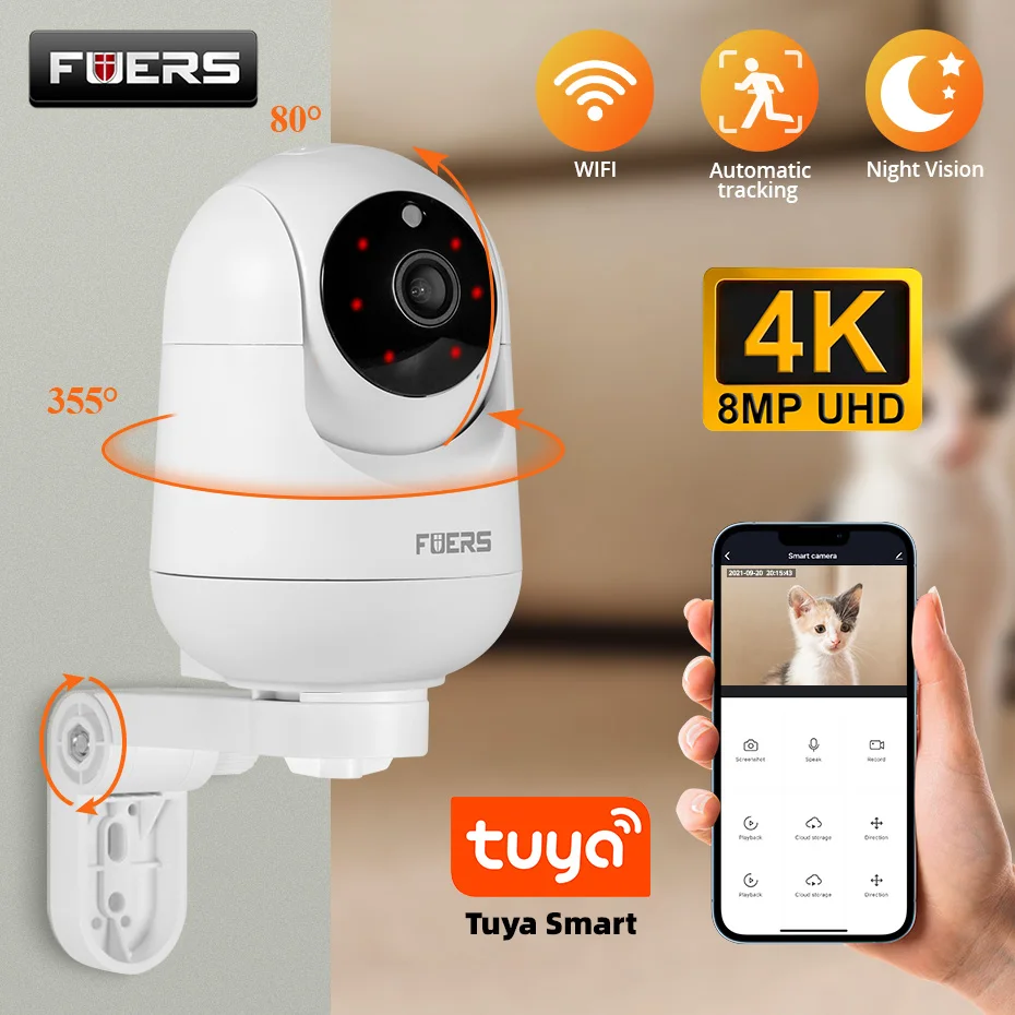 FUERS 4K 8MP WiFi IP Pet Camera Dog Camera Tuya Smart Home Security Wireless Surveillance Camera Baby Monitor Mini Cam