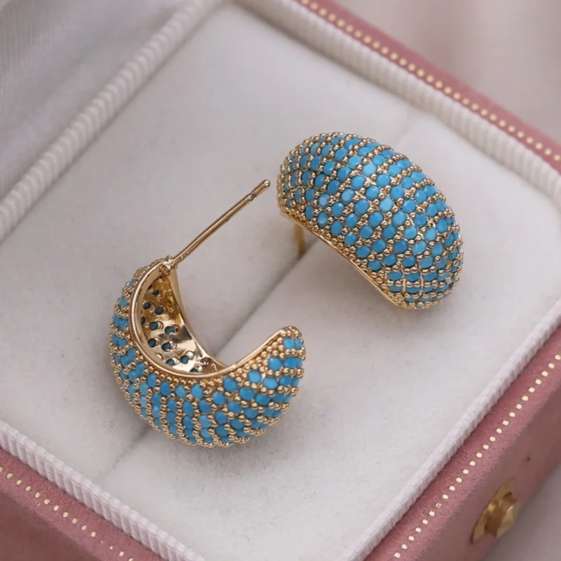 Korean new design fashion jewelry 14K gold plated C-shaped water drop blue zircon earrings elegant women's daily accessories