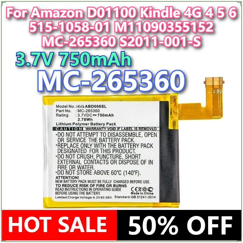 

MC-265360 E-book E-reader 750mAh/2.78Wh Battery for Amazon D01100 Kindle 4G 4 5 6 515-1058-01 M11090355152 S2011-001-S 3.7V