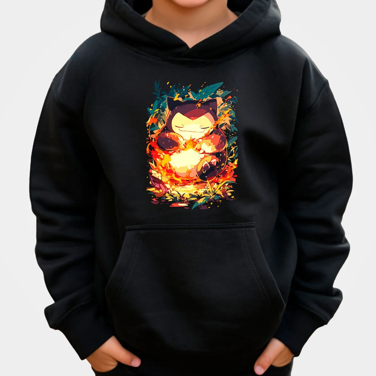 Pokemon Snorlax Sudadera con capucha de algodón polar Color negro Personaje durmiendo con Aura de ardiente y flores Ajuste suelto
