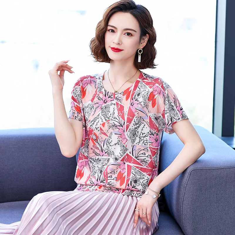 

Women's Flowers Print Knitwear High Quality 2023 Spring & Summer Fashion Printing Sweater Tops Ladies Short Sleeve Knit T Shirt