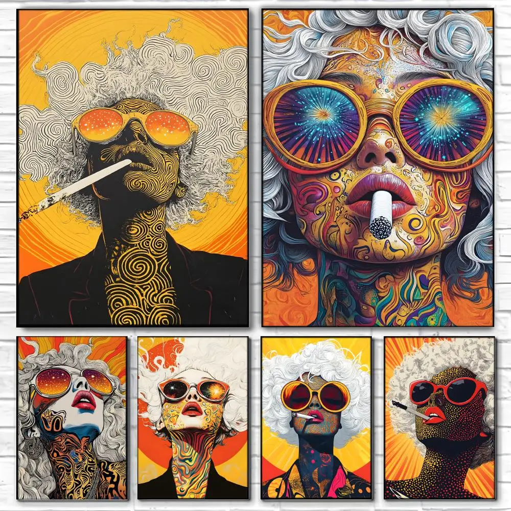 Art Print P-Psychedelic Pop Art Hippie Lady Poster  Self-adhesive Art Waterproof Paper Sticker Coffee House Bar Room Wall Decor